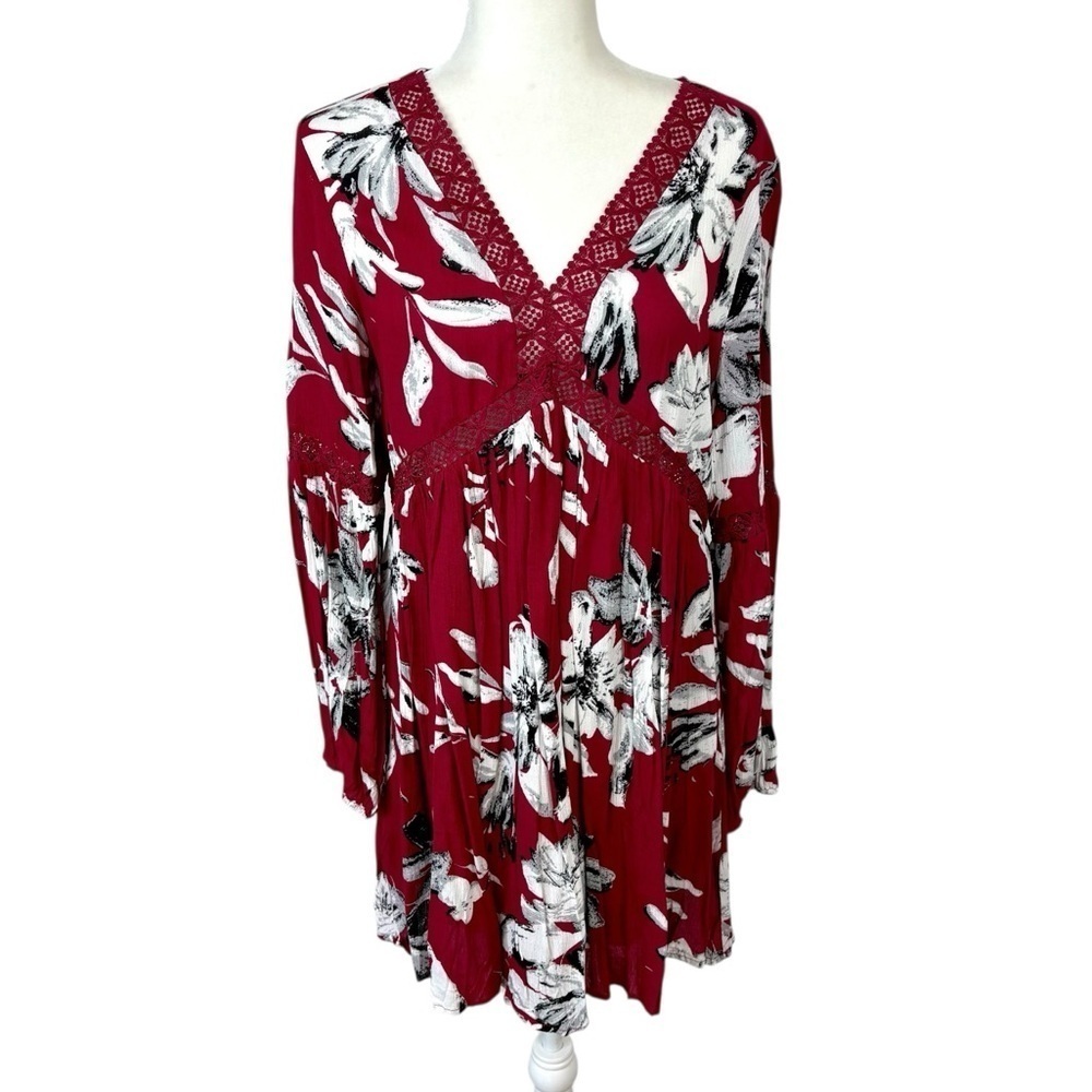 Entro Anthropologie Red Floral Long Sleeve Mini Dress NWT